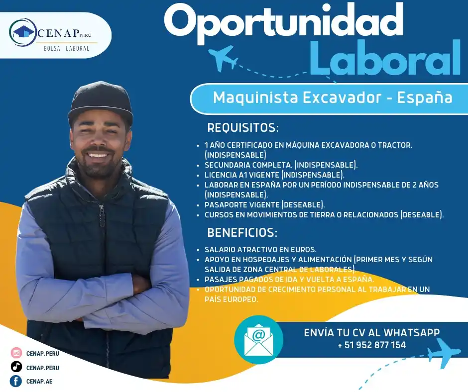 Image from Cenap Perú - Bolsa Laboral: 📍Oportunidad Laboral - España 🇪🇸 🚘 Maquinista Excavador 📲 Intere...