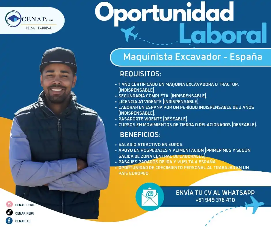 Image from Cenap Perú - Bolsa Laboral: 📍 Maquinista Excavador- España 🇪🇸 🚘 Chofer 📲 Interesados enviar ...