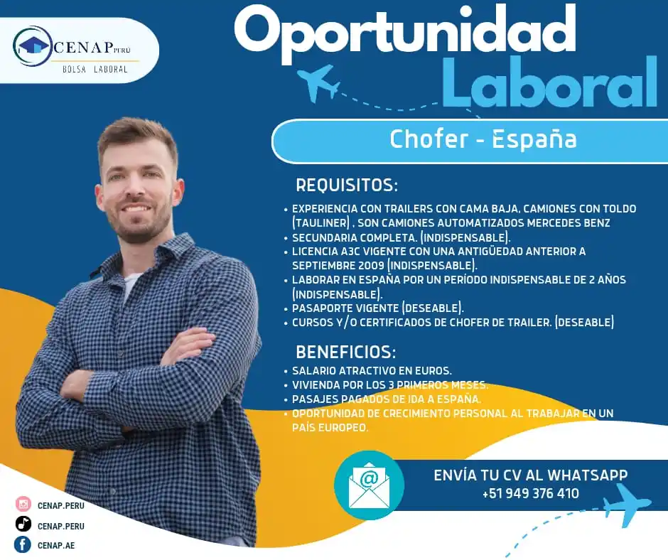 Image from Cenap Perú - Bolsa Laboral: 📍Oportunidad Laboral - España 🇪🇸 🚘 Chofer 📲 Interesados enviar C...