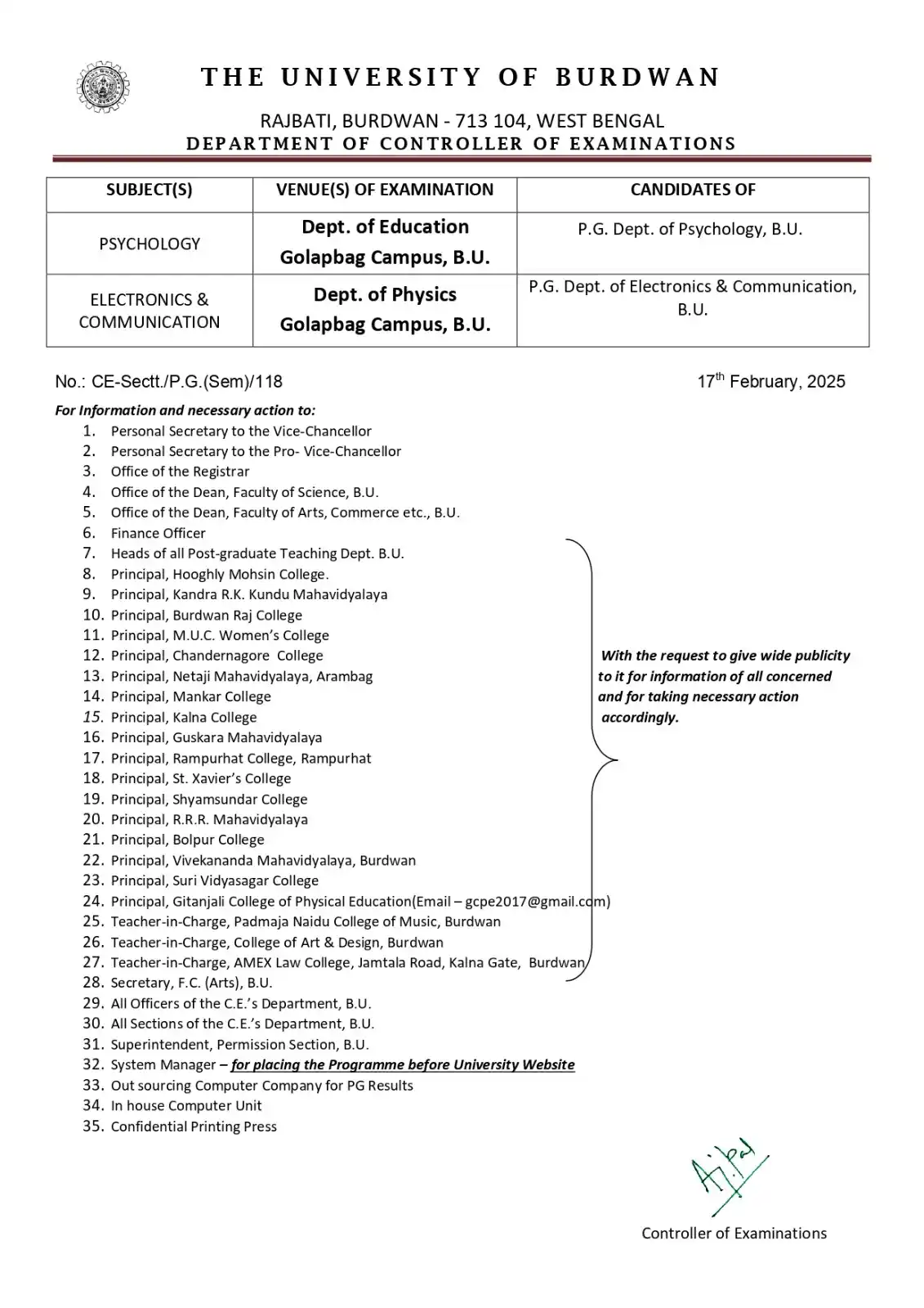 Controller of Examinations, The University of Burdwan Official post