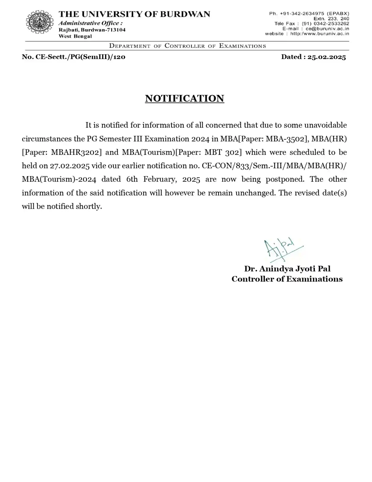 Controller of Examinations, The University of Burdwan Official post