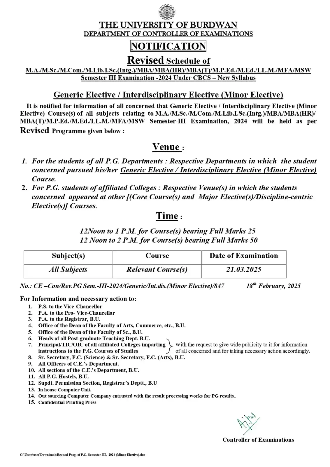 Controller of Examinations, The University of Burdwan Official post