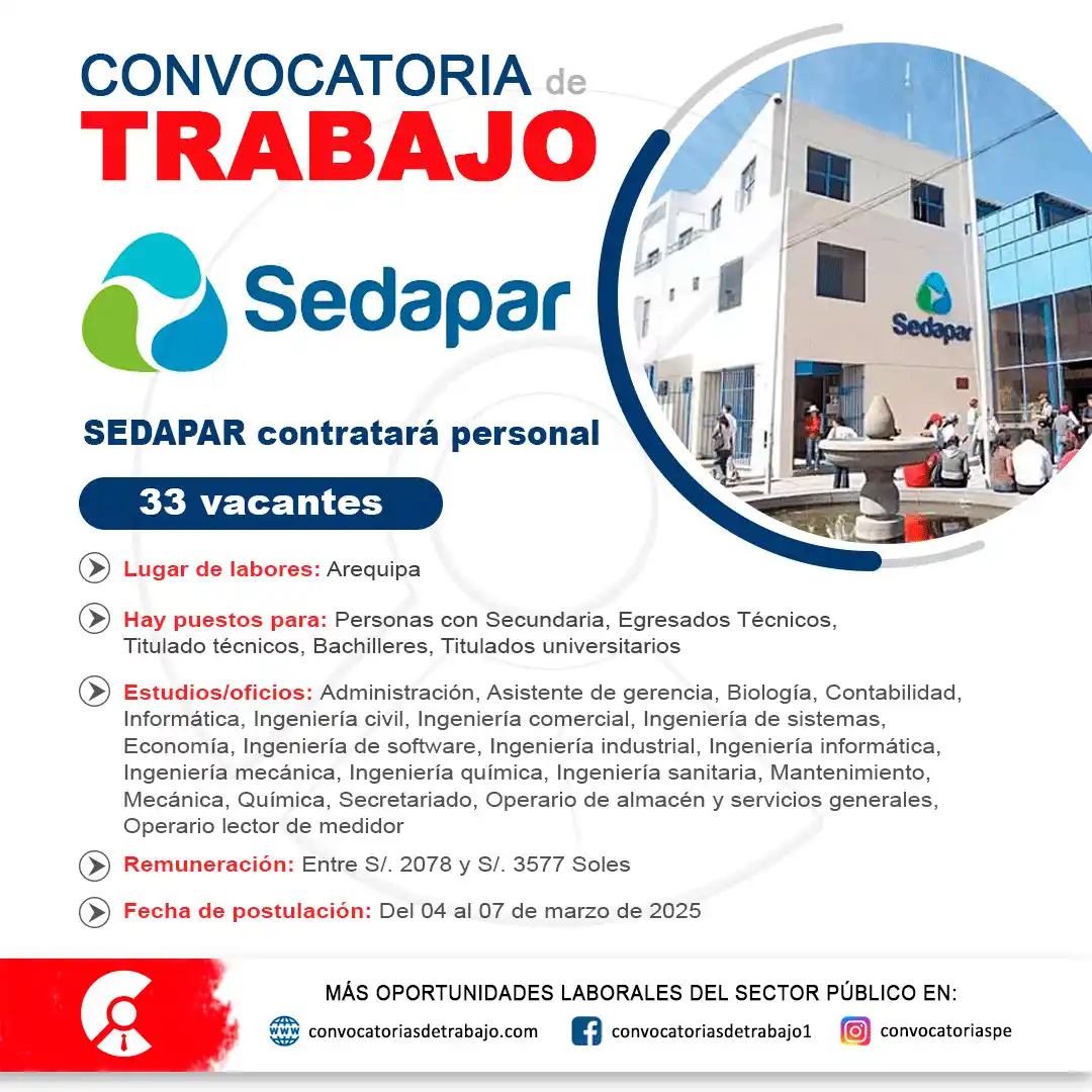 Image from Convocatorias de Trabajo 🇵🇪: 🚨 SEDAPAR ofrece 33 empleos en Arequipa 📝 Más información 👇👇👇👇�...