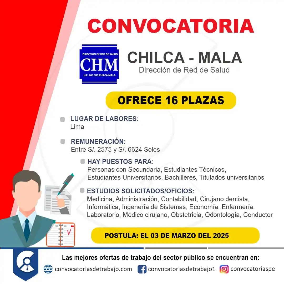Image from Convocatorias de Trabajo 🇵🇪: 🚨 RED DE SALUD CHILCA - MALA ofrece 16 empleos en Lima 📝 Más informa...
