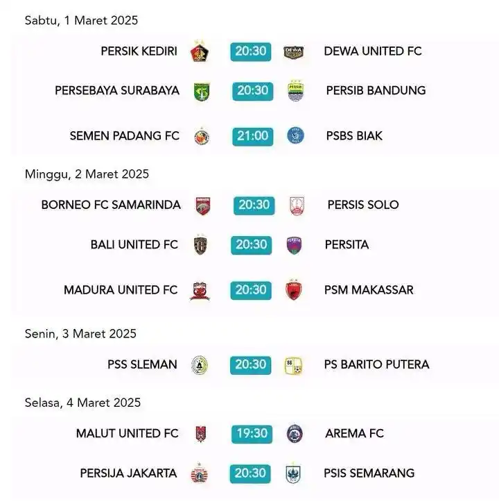 Image from Football Troll Indonesia: JADWAL LIGA 1 INDONESIA 2024/2025 PEKAN 25  •Sabtu, 1 Maret 2025 20.30...