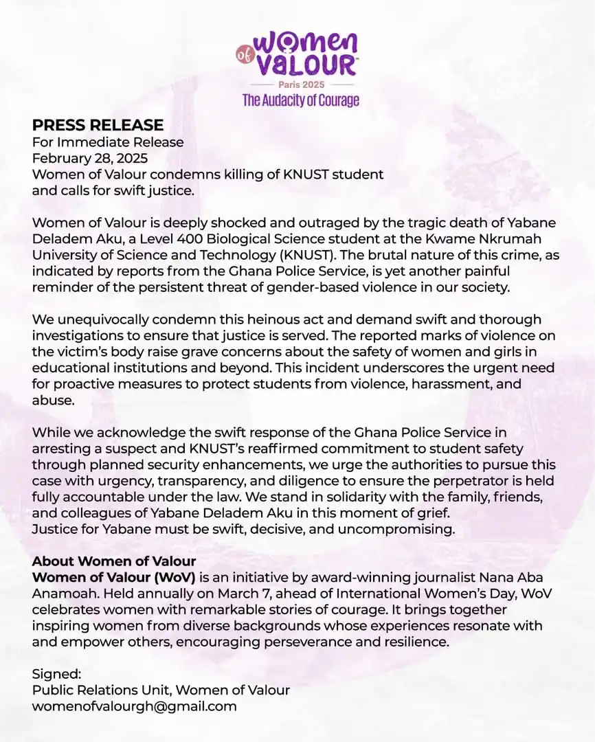 Image from GHOne TV: Women of Valour condemns killing of KNUST student and calls for swift ...