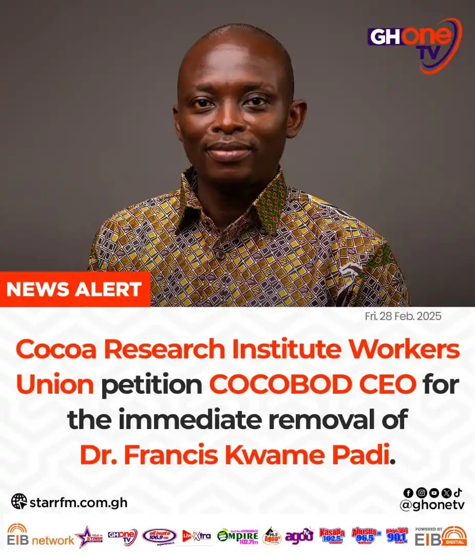 Image from GHOne TV: Cocoa Research Institute Workers Union petition COCOBOD CEO for the im...