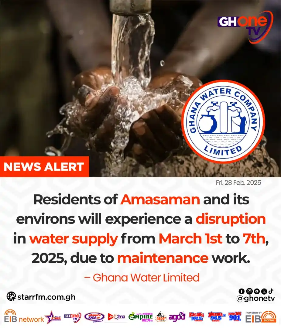 Image from GHOne TV: Amasaman and its environs to experience a disruption in water supply f...