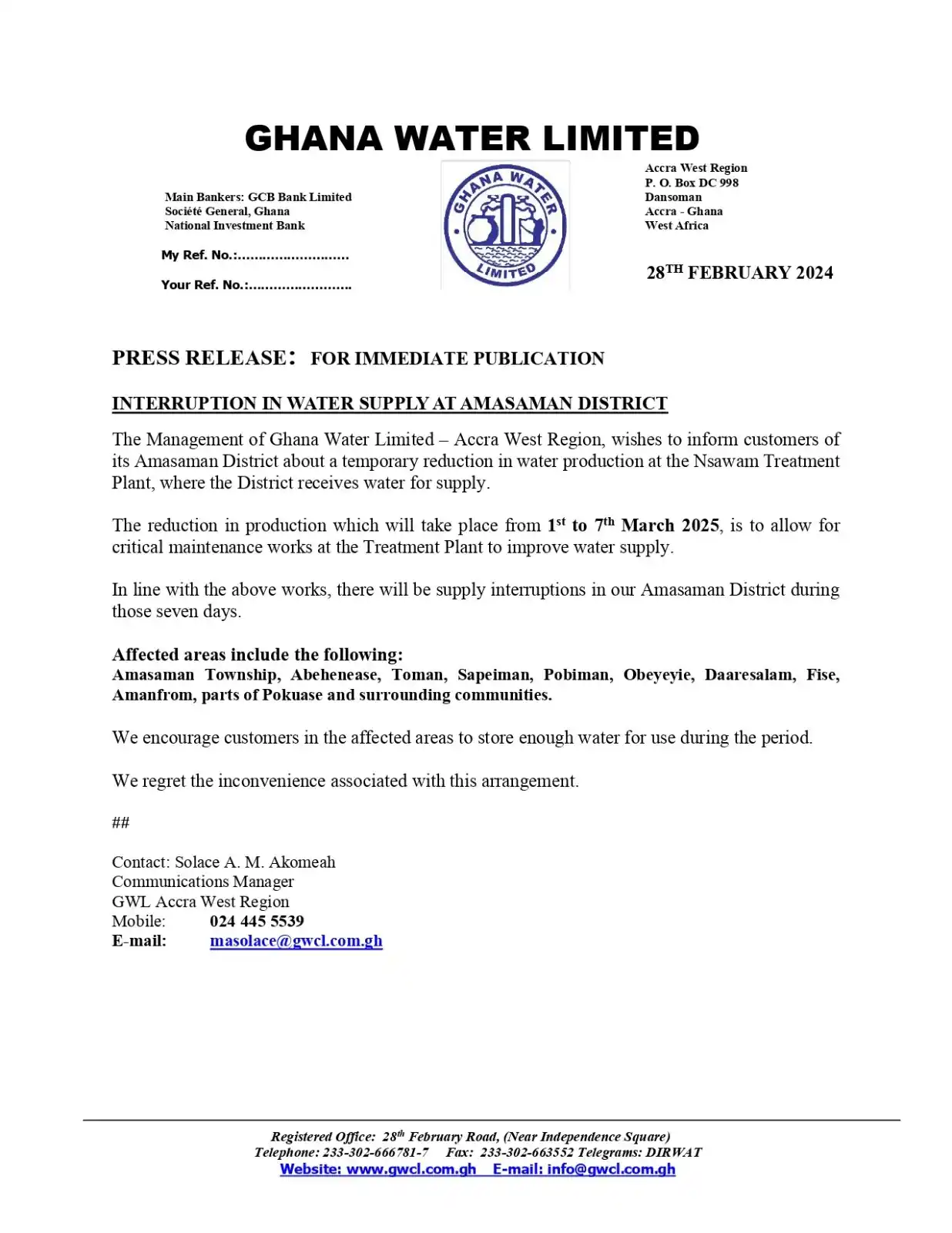 Image from GHOne TV: Ghana Water Limited (Accra West) announces a temporary water supply re...