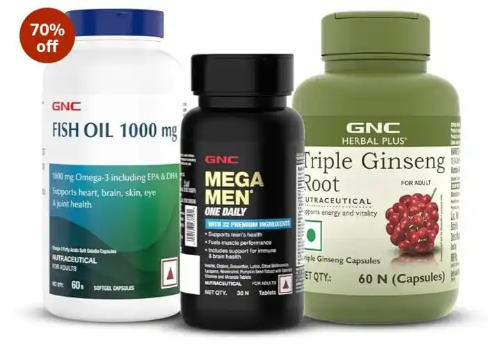 Image from GymDeals Whatsapp: *70% OFF: GNC LOOT @ 899✅* *Multivitamins + Fish Oil + Ginseng* h...