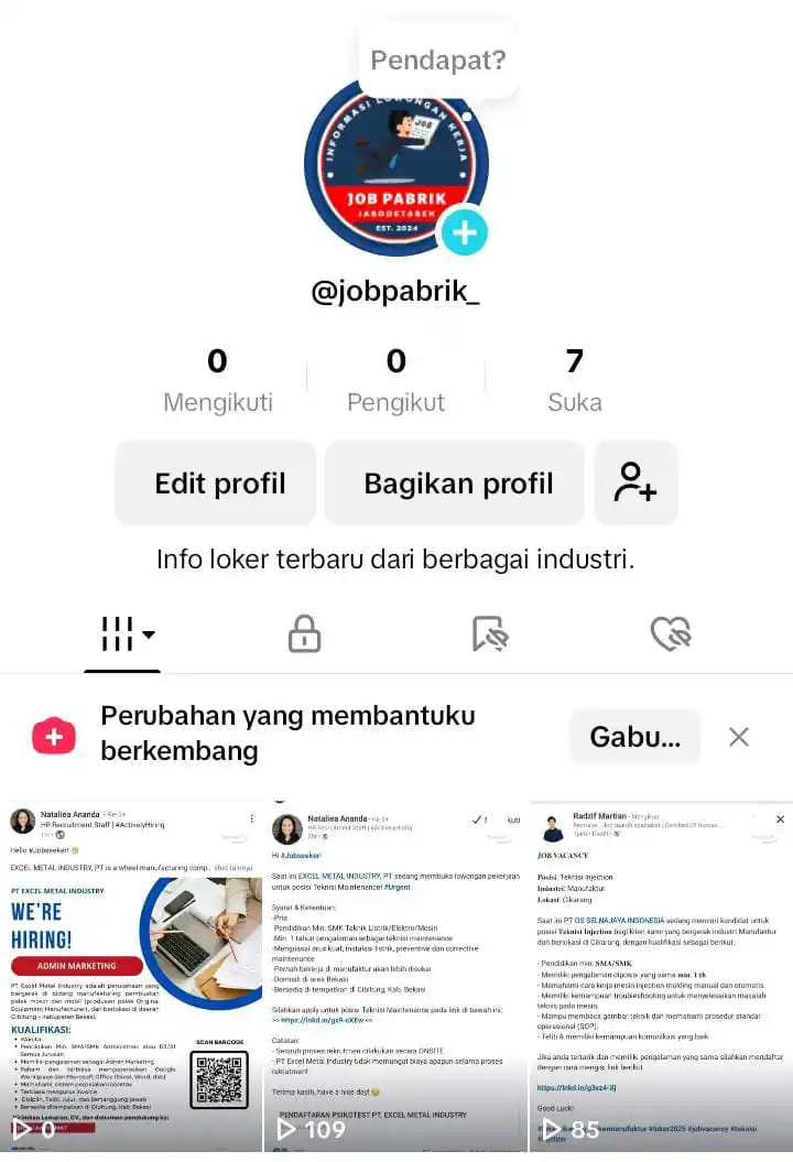 Image from INFO LOKER JABODETABEK & SEKITARNYA: Hai semua! Kami baru saja meluncurkan akun TikTok baru yang menyediaka...