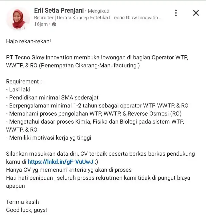 Image from INFO LOKER JABODETABEK & SEKITARNYA: *PT. TECNO GLOW INNOVATION* Posisi : Operator WTP, WWTP & RO Lokasi :...