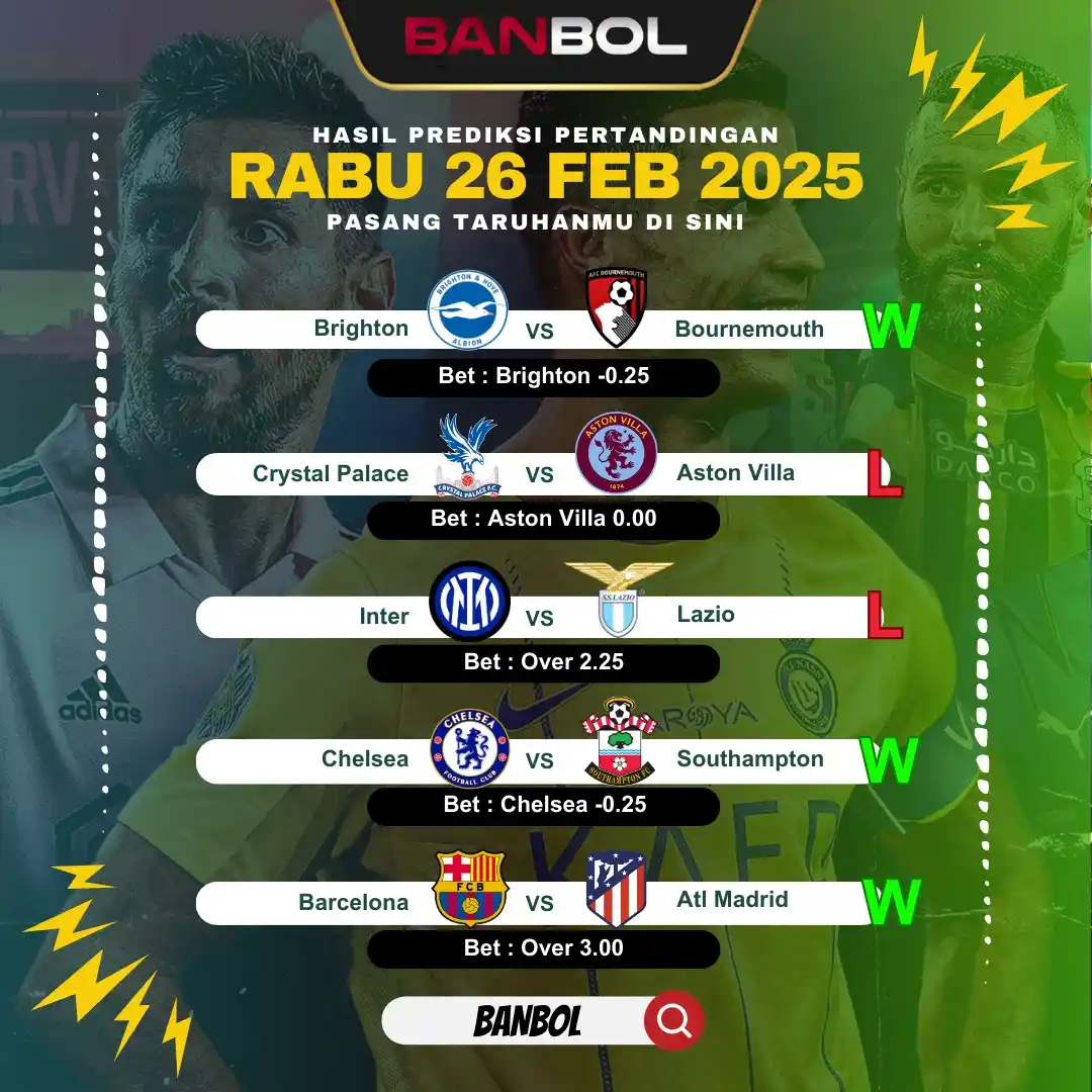 Image from INFO RTP POLA SLOT, JADWAL & PREDIKSI PARLAY BOLA: ⚽️ Hasil Prediksi 26 Feb By BANBOL 🔥  02 : 30 | Brighton Vs Bournemou...