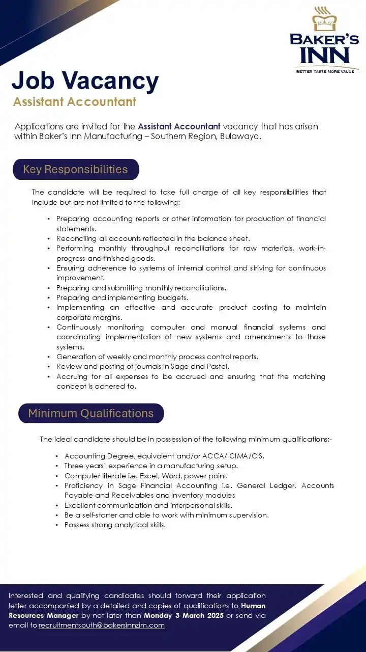 Image from Job Finders - CV Writing | LinkedIn Profile Optimization |Advertising: 📢 We're Hiring: Assistant Accountant – Baker’s Inn Manufacturing (Sou...