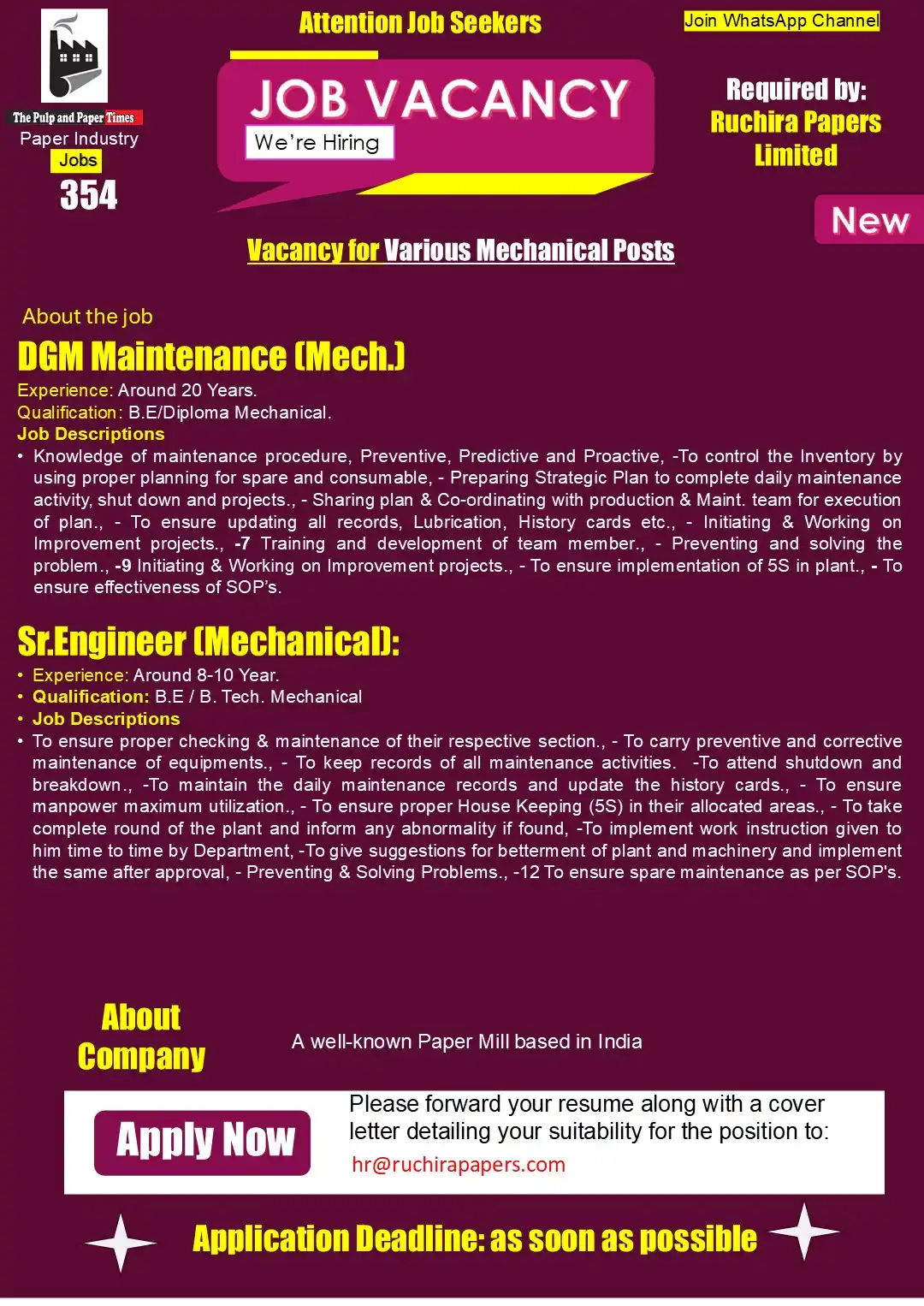 Image from Jobs - Paper, Converting, Packaging & Allied Industry: New Jobs ( *JN-354* ) for - *DGM Maintenance (Mech.)* , - *Sr.Engineer...