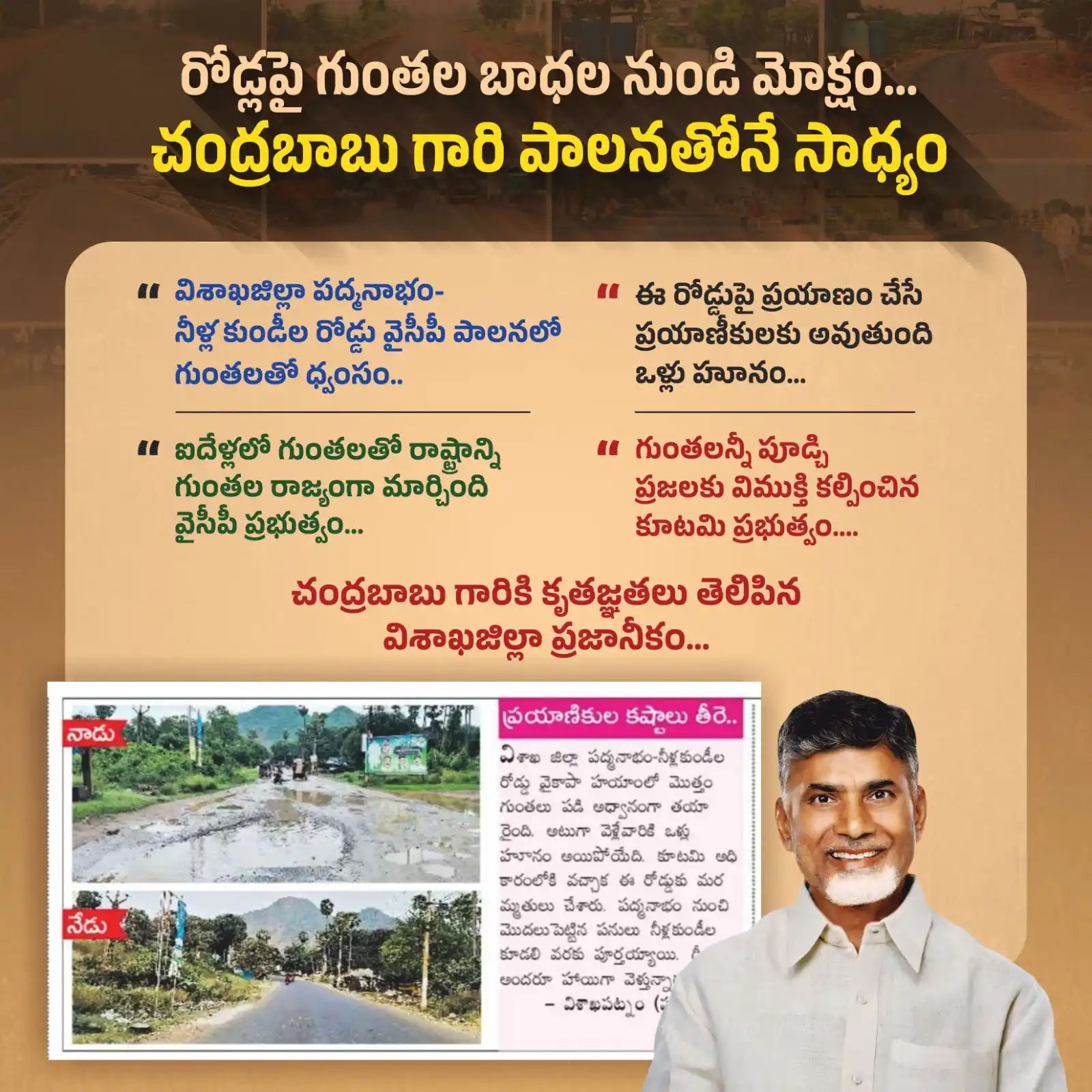 Image from ManaTDP App - Official: ఐదేళ్ల విధ్వంస పాలనలో గుంతలుగా మారిన విశాఖ జిల్లా పద్మనాభం- నీళ్లకుండీ...