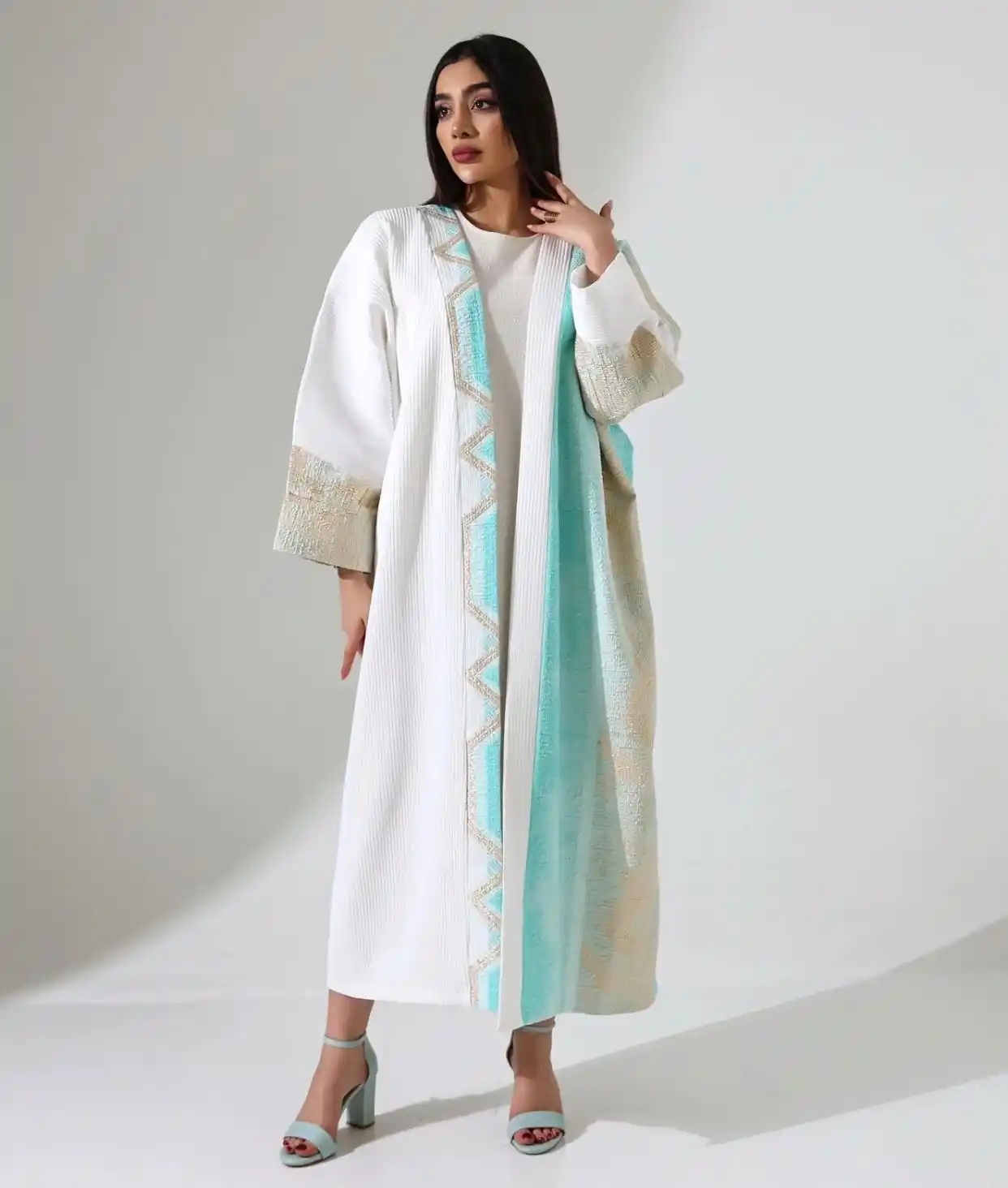 Image from Marvella New Collection : عباية بالوان الأبيض وتركوازي بلمسة عصرية بالوان الدهبي 🩵✨ FREE SIZE ...