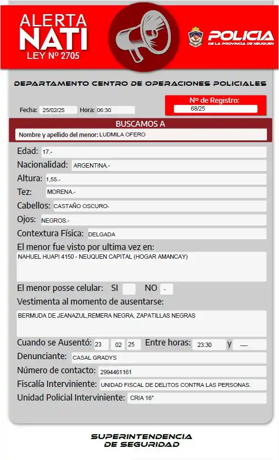 Image from POLICÍA DEL NEUQUÉN OFICIAL ✅: 🔴𝐀𝐋𝐄𝐑𝐓𝐀 𝐍𝐀𝐓𝐈🔴 Nombre y apellido del menor: LUDMILA OFERO E...