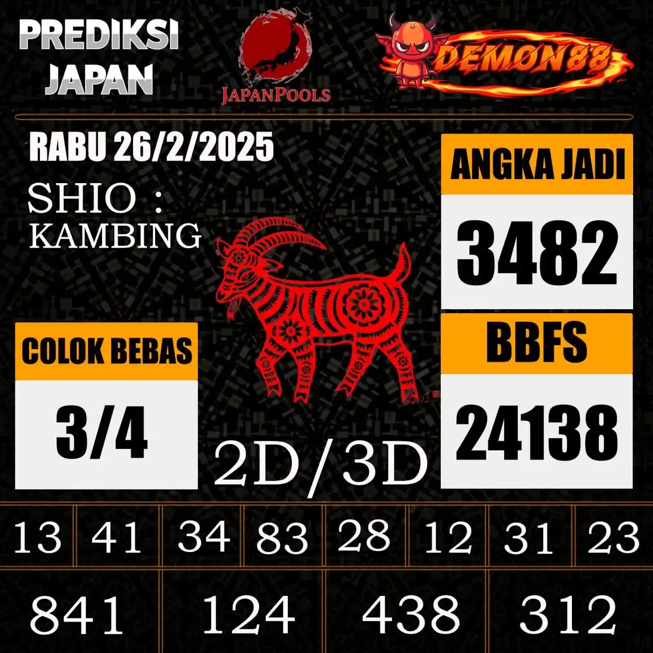 Image from PREDIKSI TOGEL ONLINE 4D DEMON88 Situs TOTO Togel 4D Online Terbaik Bandar Togel Online Terpercaya: PREDIKSI JEPANG 26 FEBRUARY 2025 BBFS : 24138 CB : 3/4 TOP 4D : 3482 ...