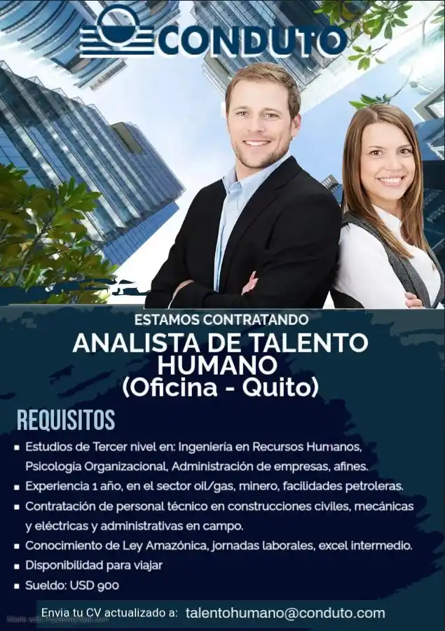 Image from Red de Talento Humano Del Ecuador: En Conduto Ecuador nos encontramos en la búsqueda del siguiente cargo:...