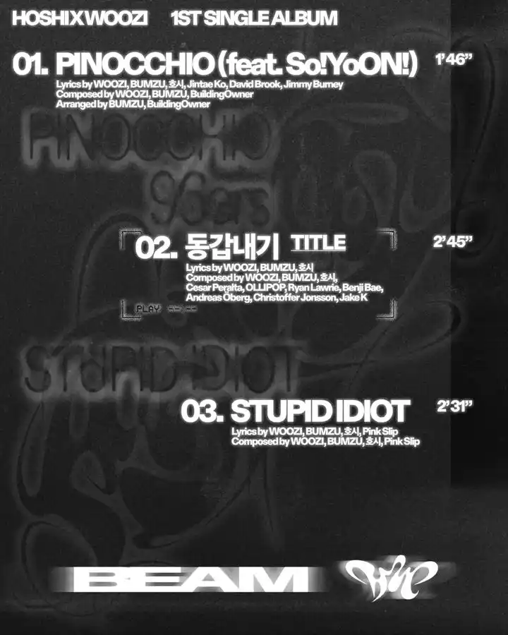 Image from SEVENTEEN FUNFACT: [BEAM] HOSHI x WOOZI 1st Single Album 'BEAM' | Tracklist  1. Pinocchio...