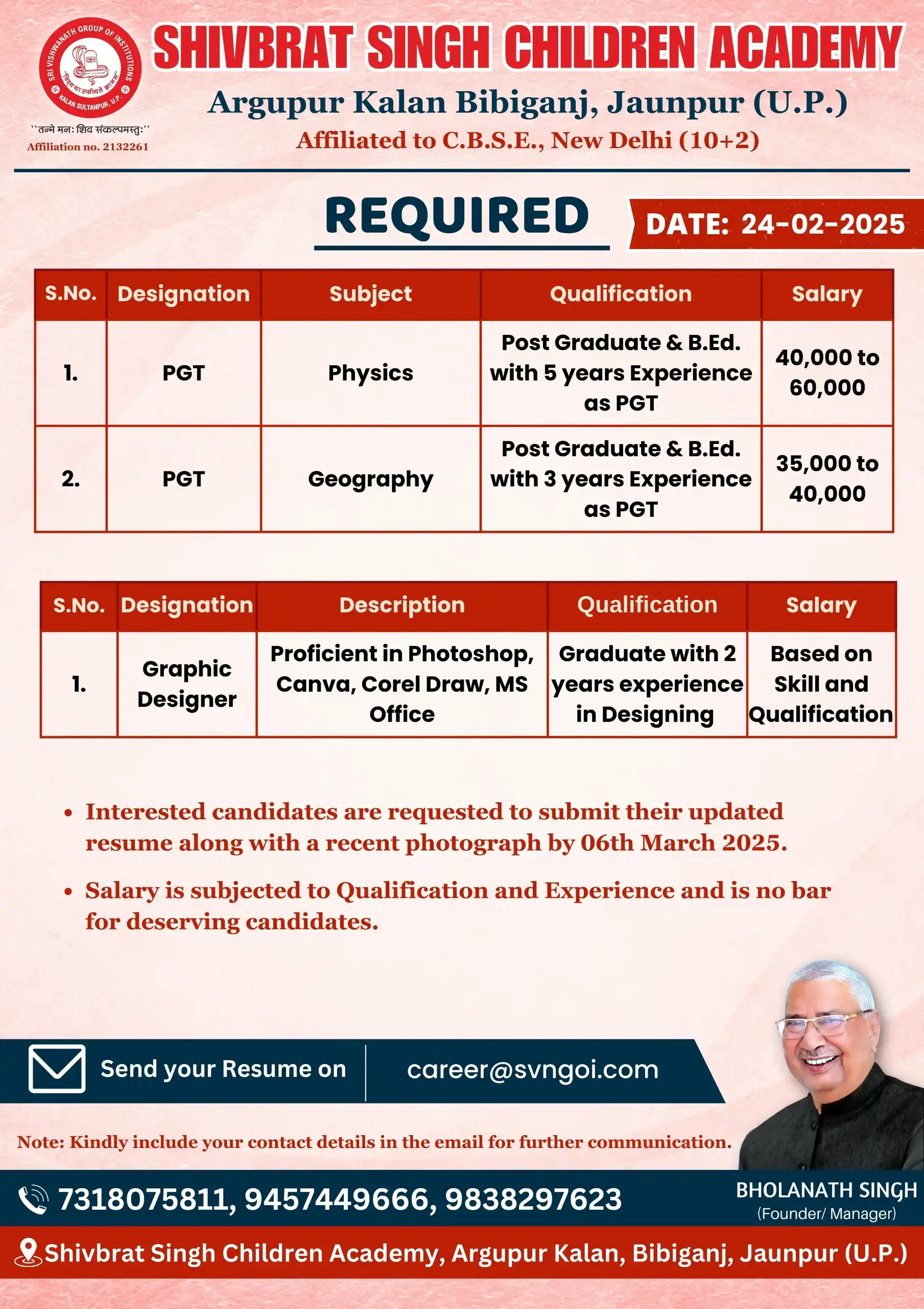 Image from Shri Vishwanath Group of Institutions: Job Openings at Shivbrat Singh Children Academy 📢 📍 Argupur Kalan, B...