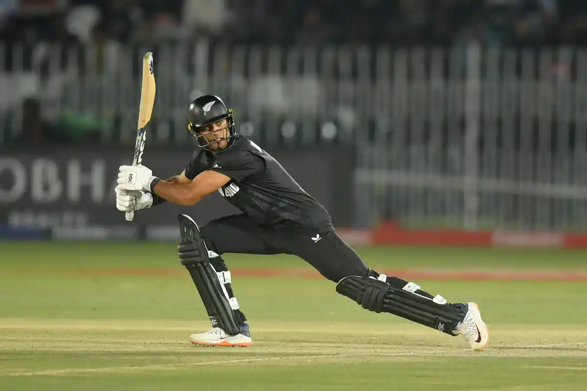 Image from Sportstar: Rachin Ravindra brings up his fifty and keeps New Zealand on track in ...
