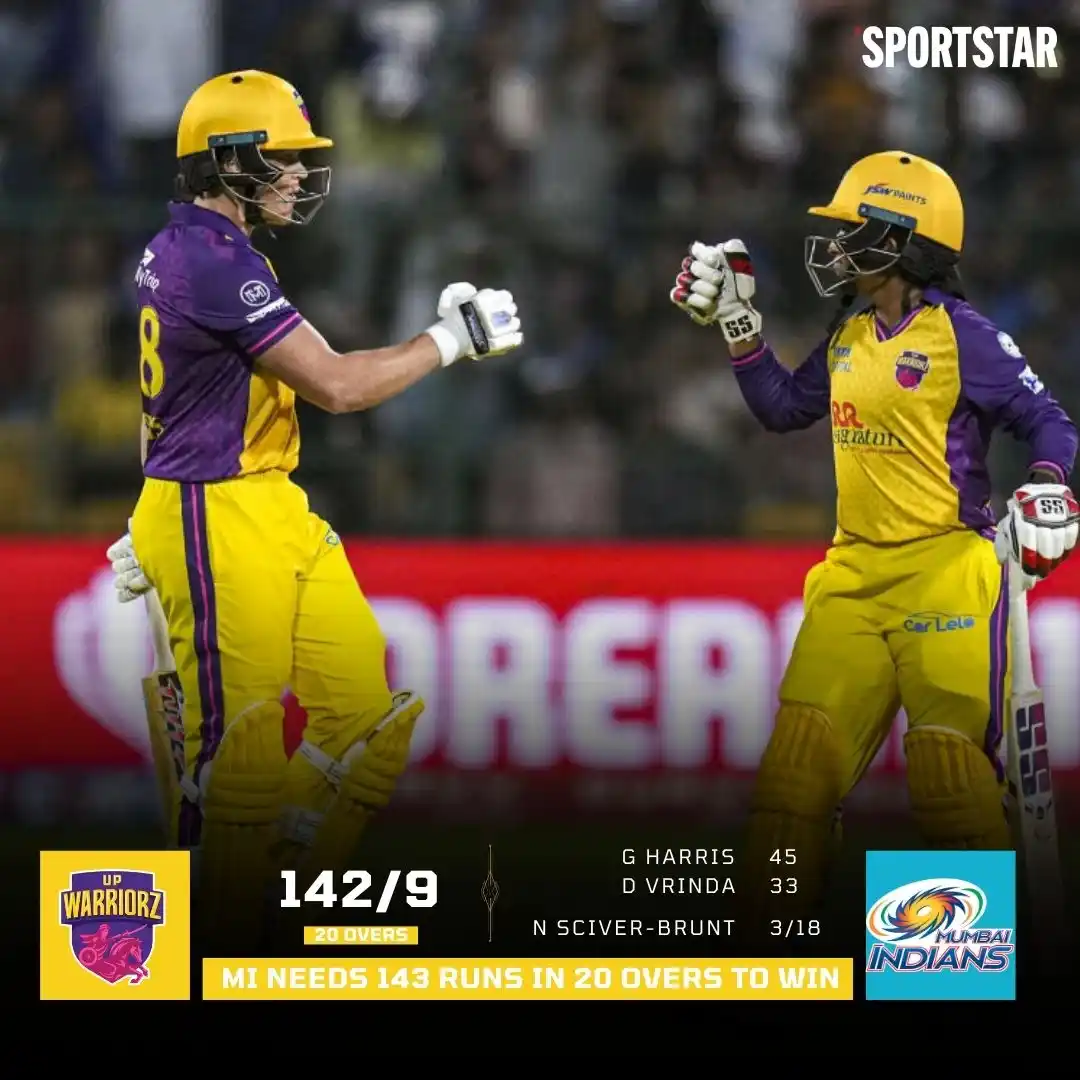 Image from Sportstar: UP Warriorz sets a target of 143 for Harmanpreet Kaur's Mumbai Indians...