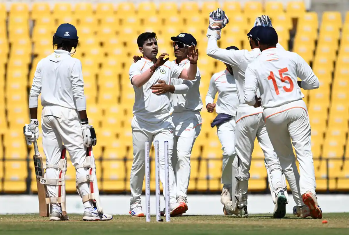 Image from Sportstar: Darshan Nalkade struck twice early for Vidarbha. But, Aditya Sarwate a...