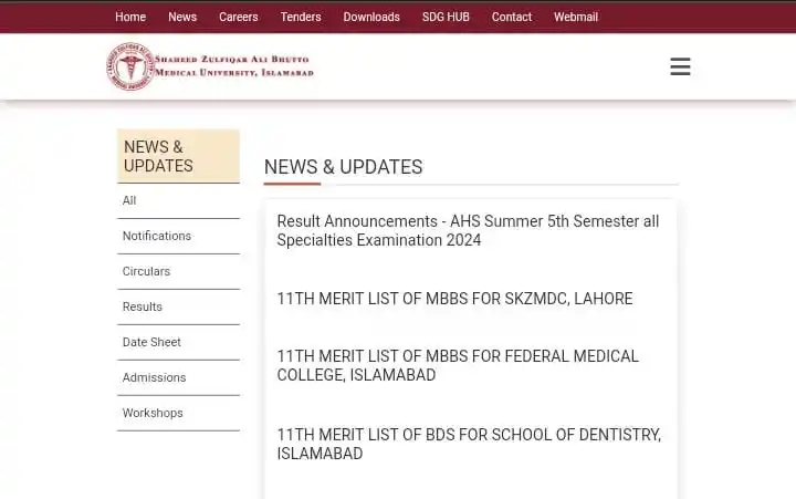 Image from Students Nexus By SMY: _SZABMU, Islamabad has released 11th merit lists for FMDC, Islamabad &...
