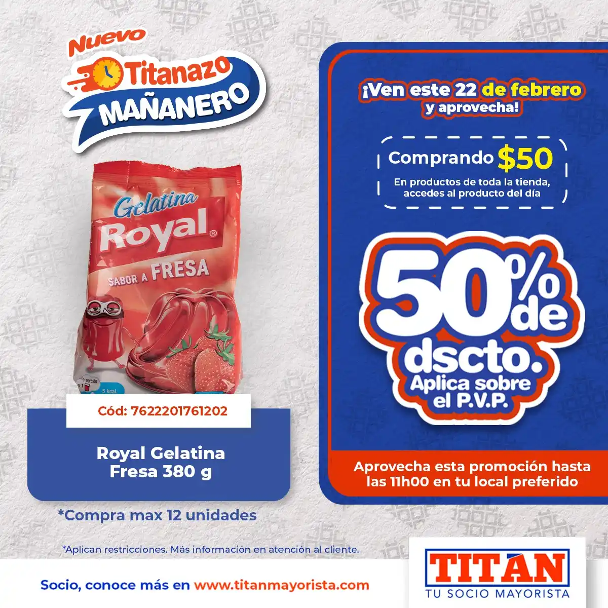 Image from Titán Mayorista: ¡Socio, no te pierdas esta promoción! El 22 de febrero compra USD 50 e...
