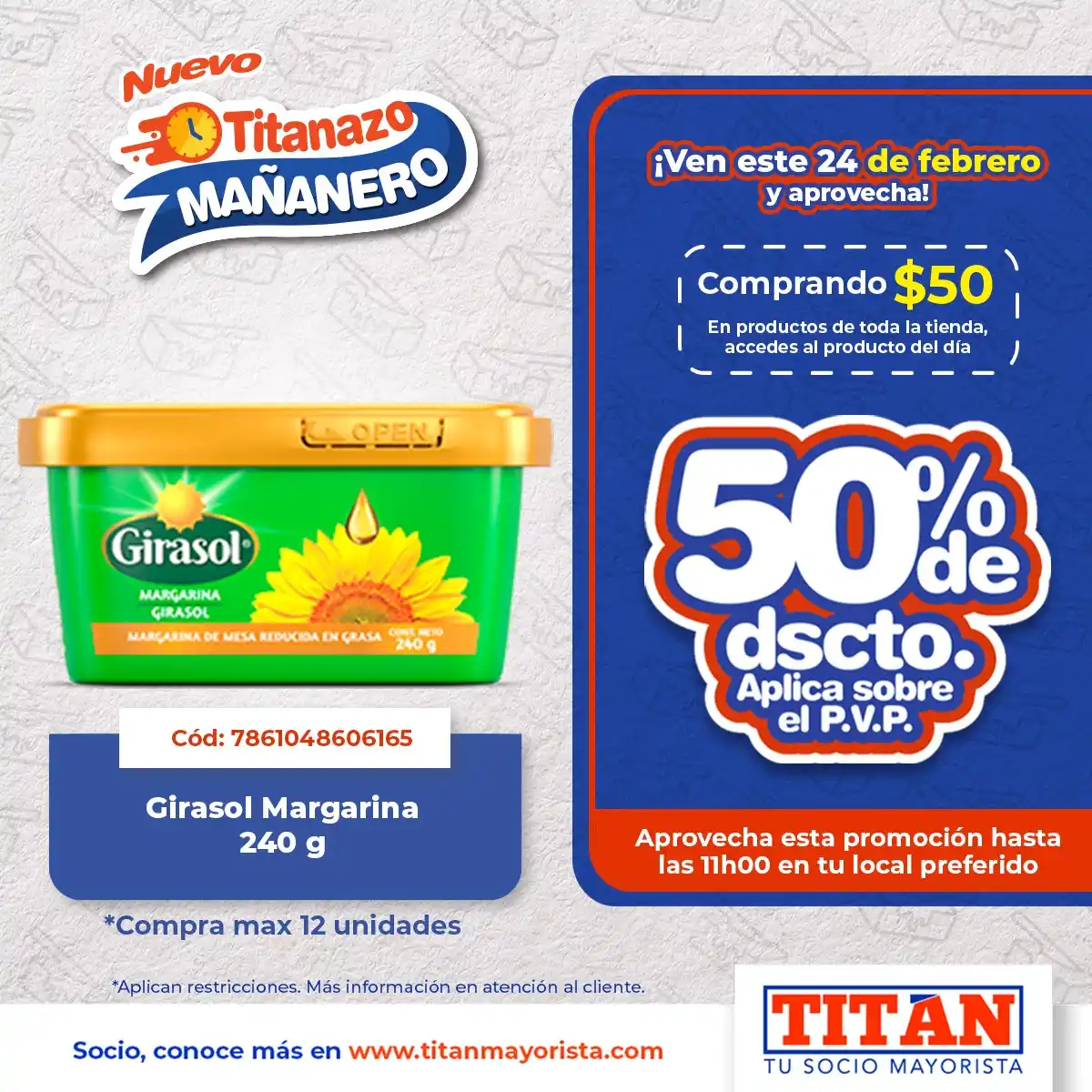 Image from Titán Mayorista: ¡Socio, no te pierdas esta promoción! El 24 de febrero compra USD 50 e...