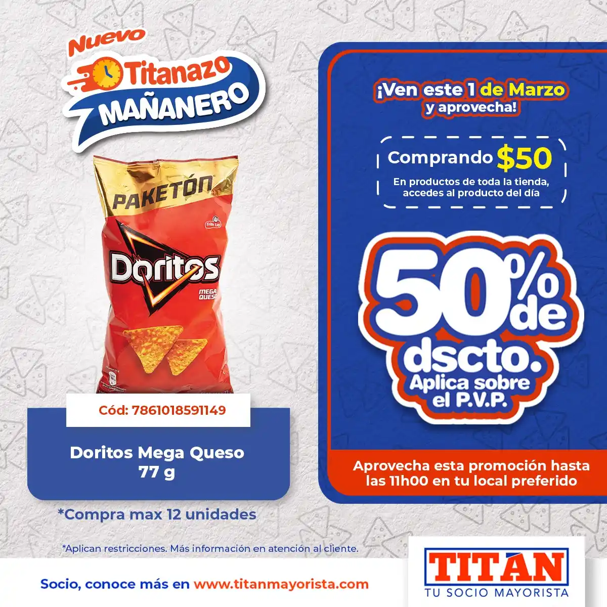 Image from Titán Mayorista: ¡Socio, no te pierdas esta promoción! El 1 de marzo compra USD 50 en p...