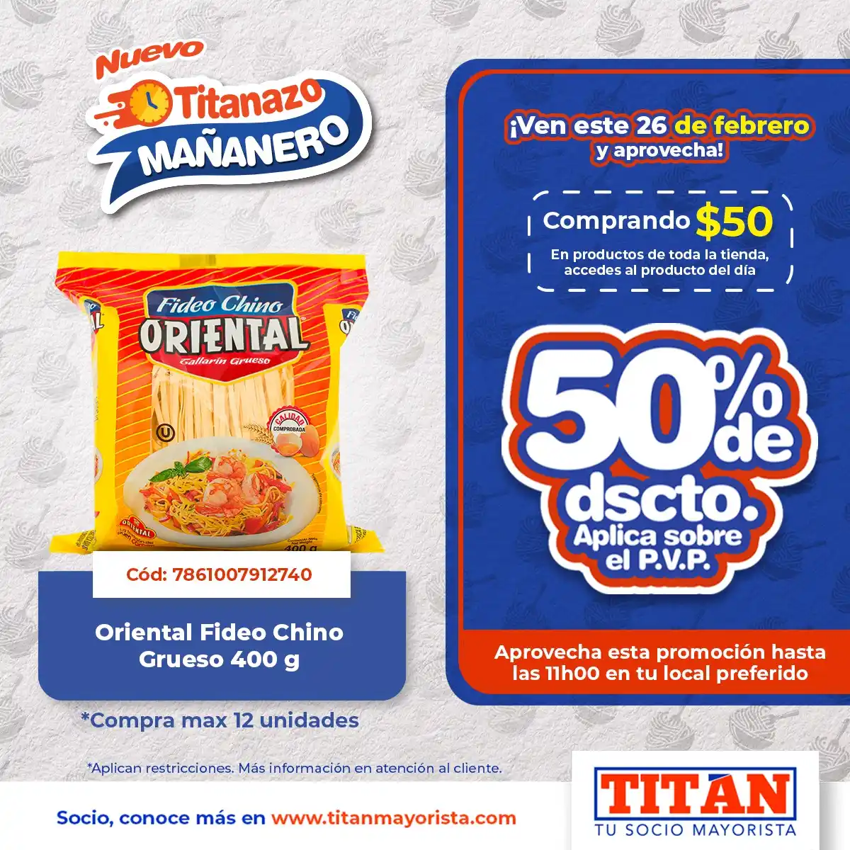 Image from Titán Mayorista: ¡Socio, no te pierdas esta promoción! El 26 de febrero compra USD 50 e...