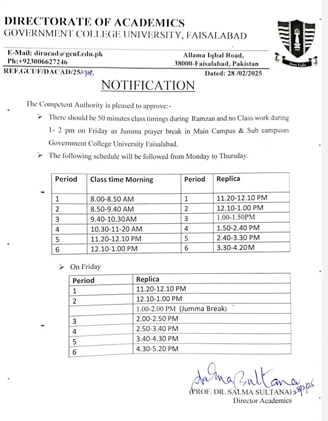 Image from University Guide Pakistan (OFFICIAL) 🇵🇰 🎓: > Classes Timing for Ramadan, GCUF ~UGP~...