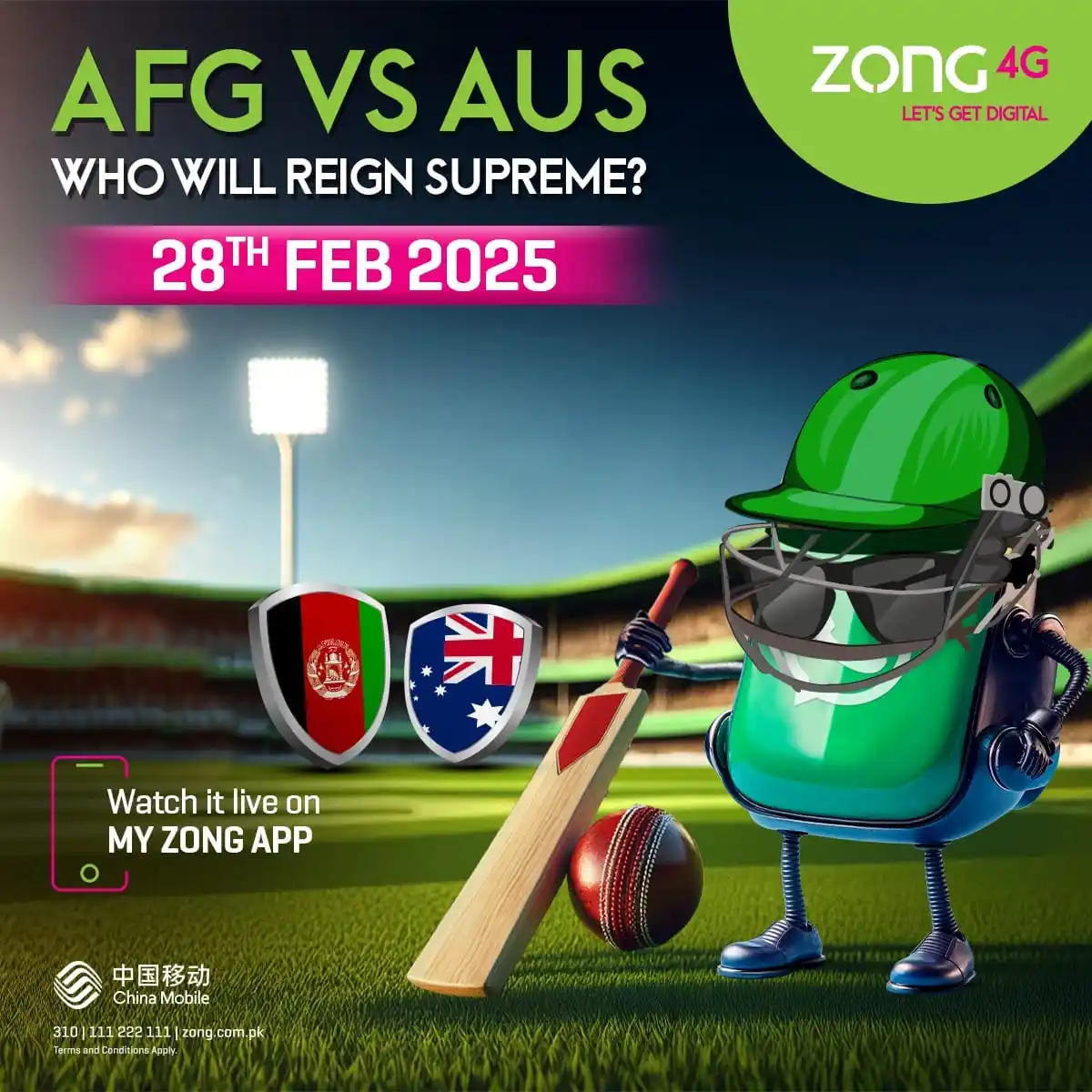 Image from ZONG 4G: 🏏🔥 *Afghanistan vs Australia - Champions Trophy 2025* match is LIVE!...