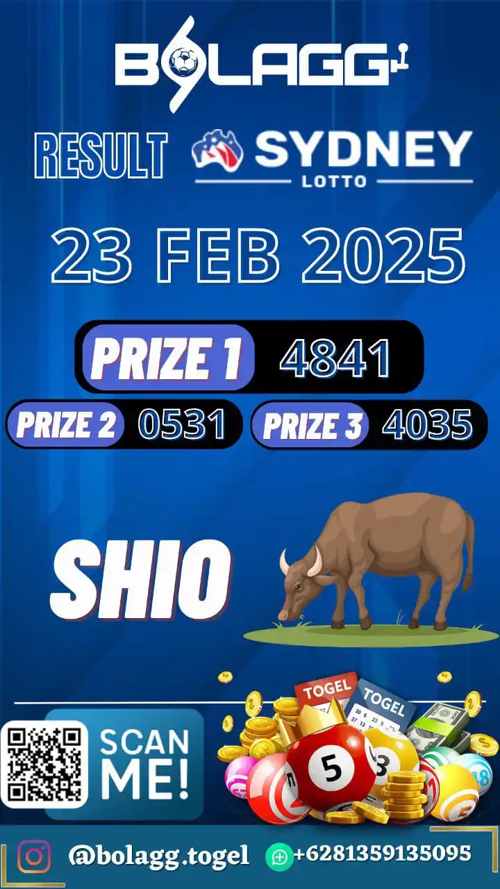 Image from BOLAGG | RESULT TOGEL HARI INI : RESULT SYDNEY LOTTO, MINGGU 23 FEBRUARI 2025 PRIZE 1 : 4841 PRIZE 2 ...