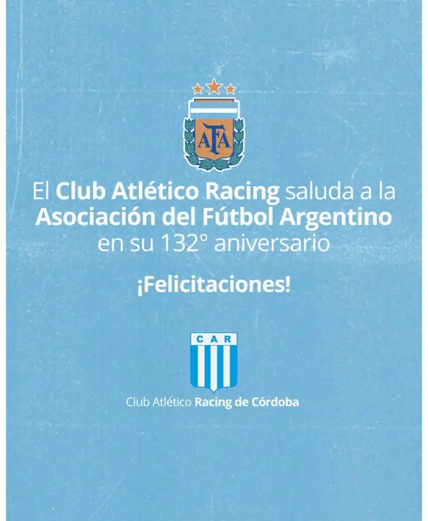 Image from Club Atlético Racing: Nuestra institución saluda cordialmente a la casa madre del fútbol arg...