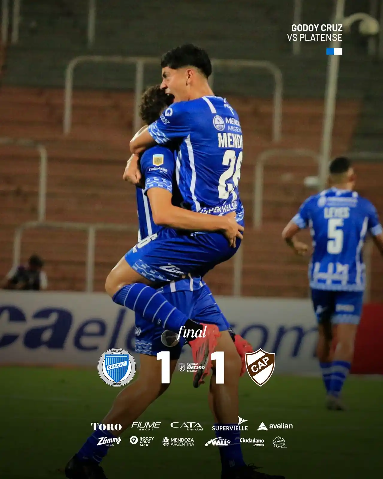 Image from Club Godoy Cruz Oficial: ⏹️ ¡Final del partido! Godoy Cruz 1 🆚 1 Platense <a class="text-blu...