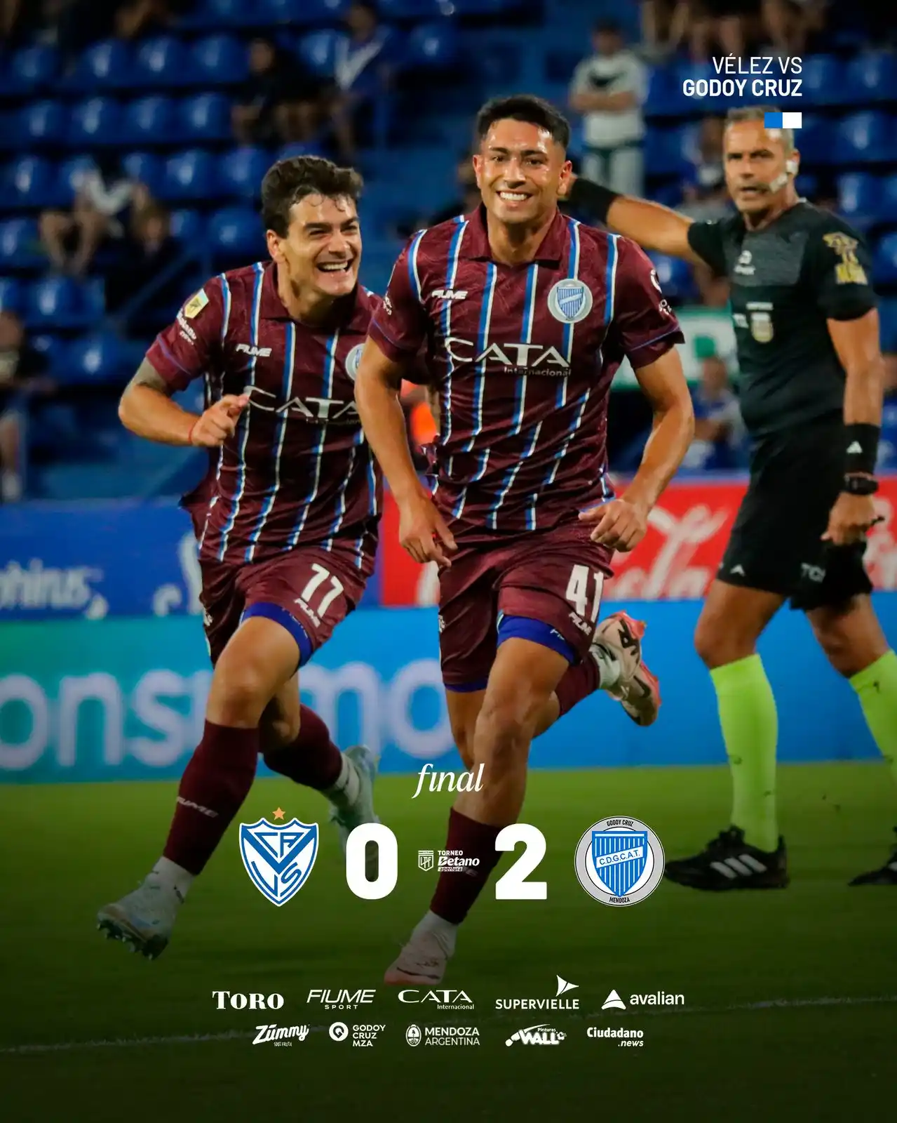 Image from Club Godoy Cruz Oficial: ⏹️GANÓÓÓÓÓÓÓ EL TOMBAAAA Vélez 0 🆚 2 Godoy Cruz <a class="text-blue...