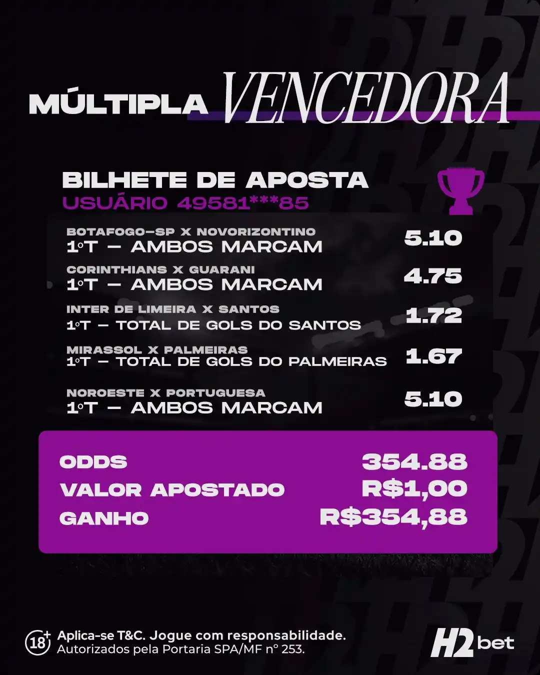 Image from H2bet: 🚀 *MÚLTIPLA VENCEDORA* 🏅 🪙 Com apenas 1 real apostado, esse usuár...