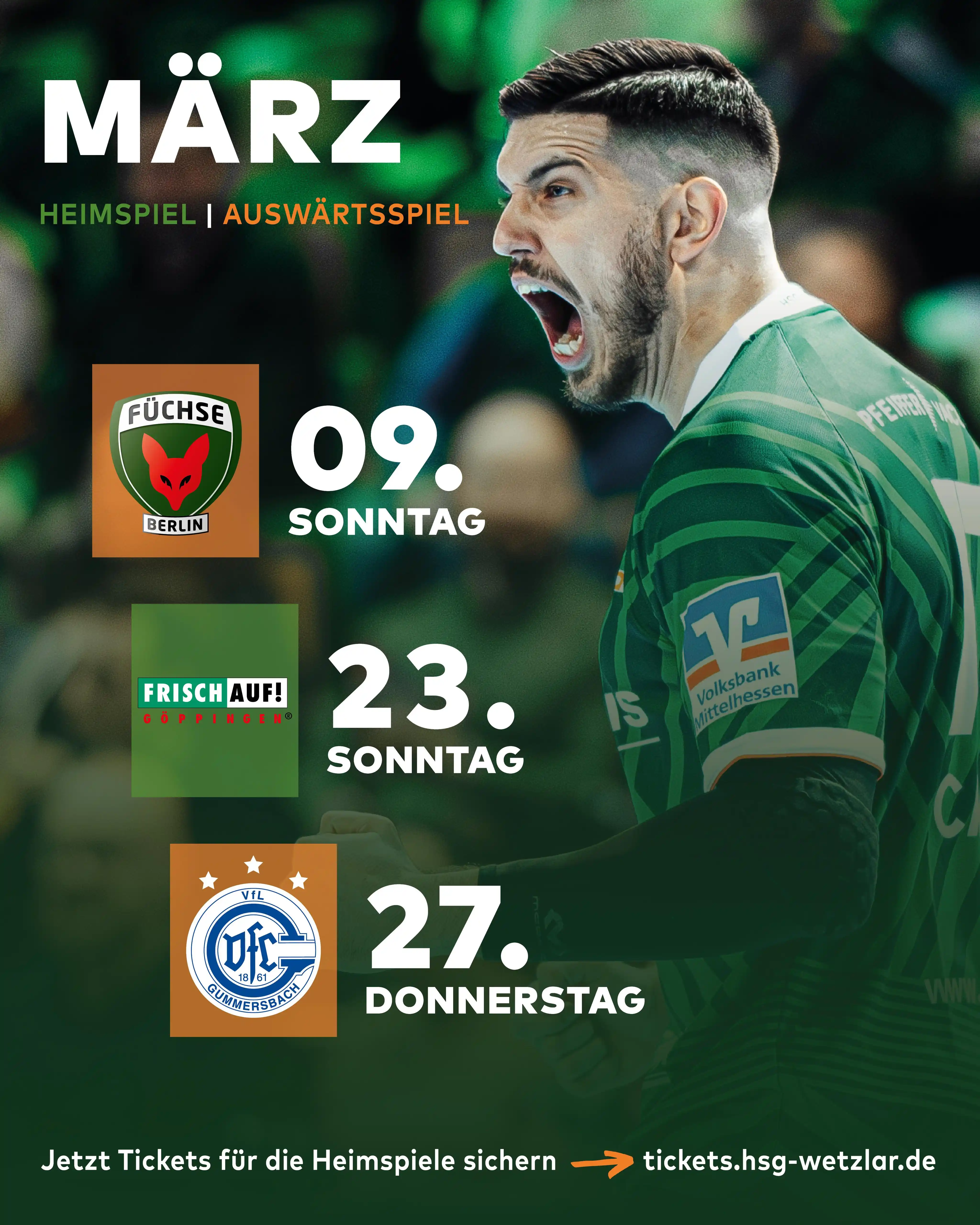 Image from HSG Wetzlar: Handball im März! 🔥 Am Sonntag, den 09. März erwarten uns die Füchse ...