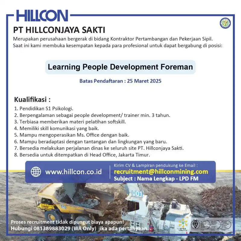 Image from INFO LOKER TAMBANG KALIMANTAN: PT. HILLCONJAYA SAKTI Saat ini membuka lowongan pekerjaan untuk posisi...