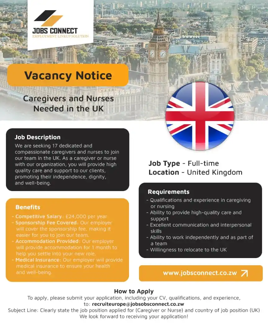 Image from Jobs Connect: Careworkers wanted to work in the Uk visit www.jobsconnect.co.zw to ap...