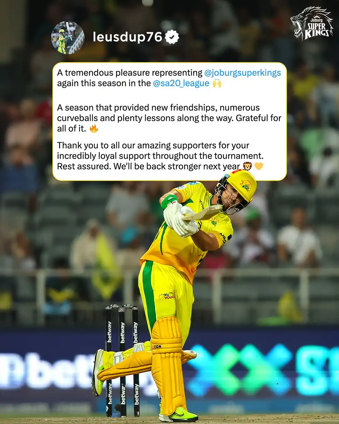 Image from Joburg Super Kings: A season of Yellove memories for Leus! 💛✨ <a class="text-blue-500 ho...
