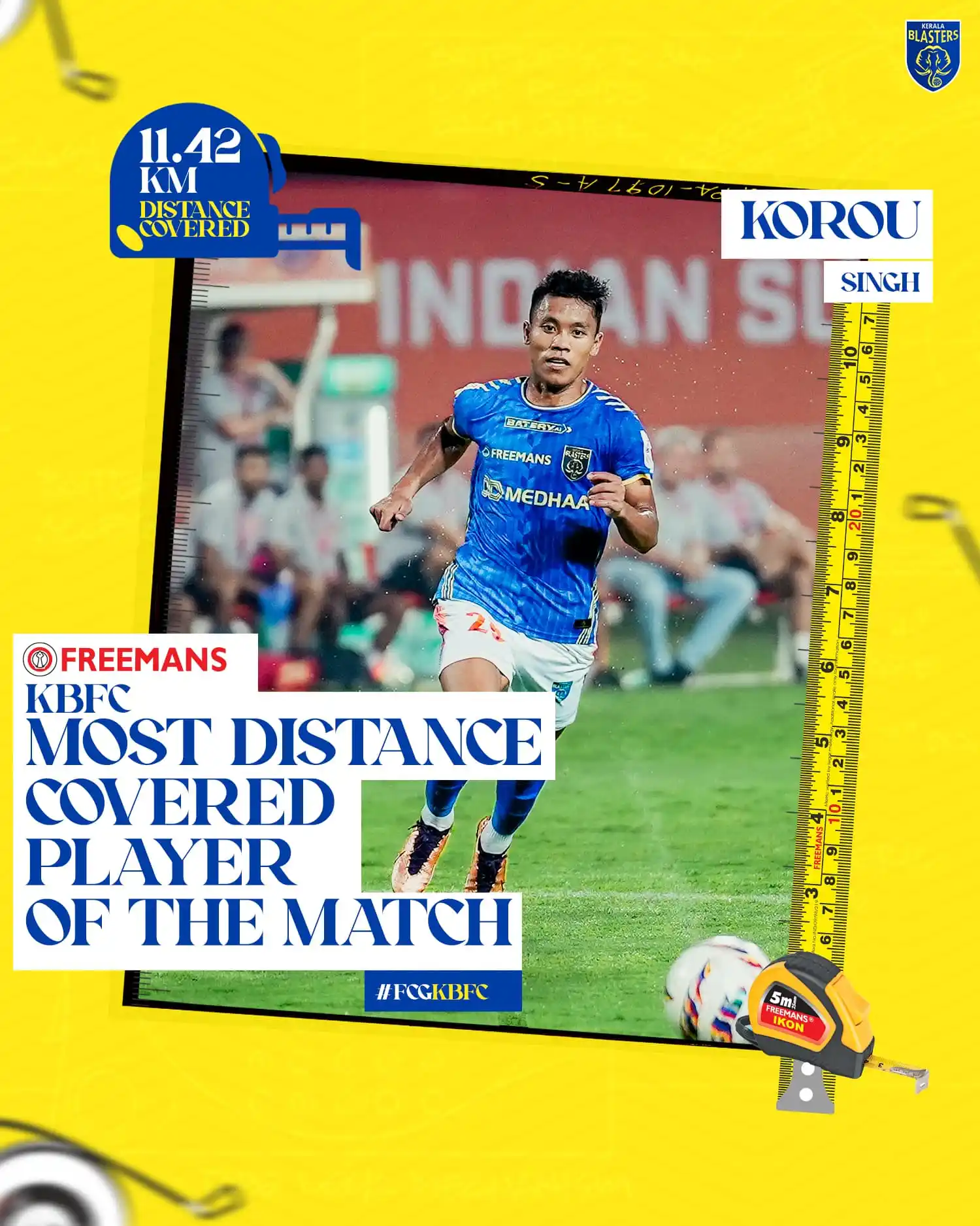 Image from KERALA BLASTERS FC OFFICIAL: Korou Singh showcased exceptional stamina, covering 𝟭𝟭.𝟰𝟮 𝗞𝗠 on ...