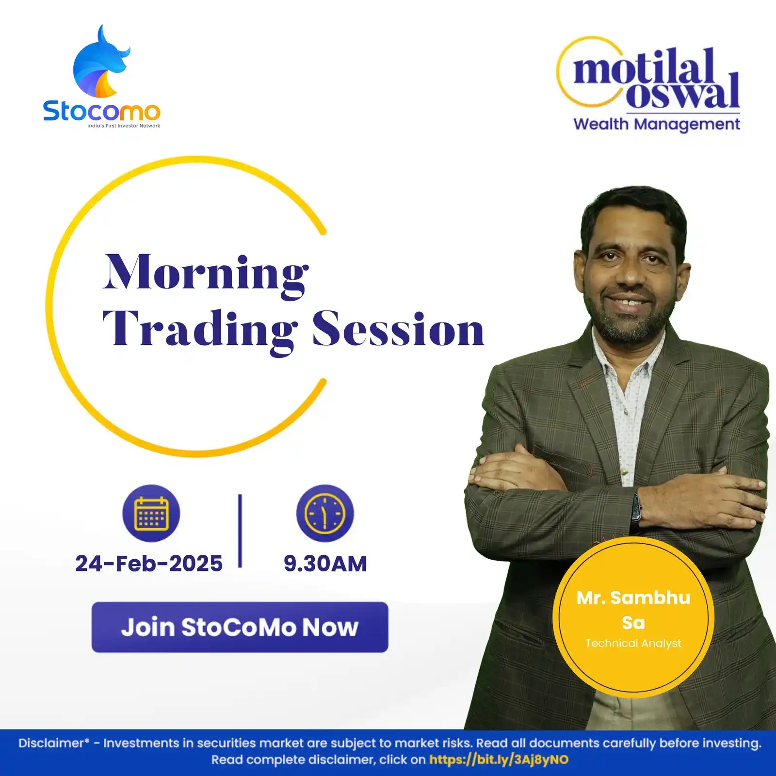 Image from Motilal Oswal Financial Services Ltd.: Join the live Morning Session with our Expert Mr. Sambhu Sa at 9:30 am...