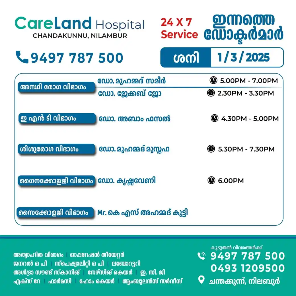 Image from Nilambur News Updates 🗞️📰: 01-03-2025  ശനിയാഴ്ച   🏥നിലമ്പൂർ ചന്തക്കുന്ന് കെയർലാൻഡ് ഹോസ്പിറ്റലിൽ ...