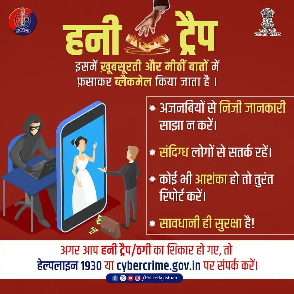 Image from Rajasthan Police: हनी ट्रैप से बचने के लिए सावधान रहें। आजकल सोशल मीडिया पर हनी ट्रैप ज...