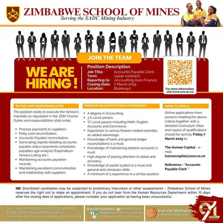 Image from Schools Connect Zimbabwe: Accounts payable clerk wanted , Zimbabwe School of Mines Vacancy Ale...